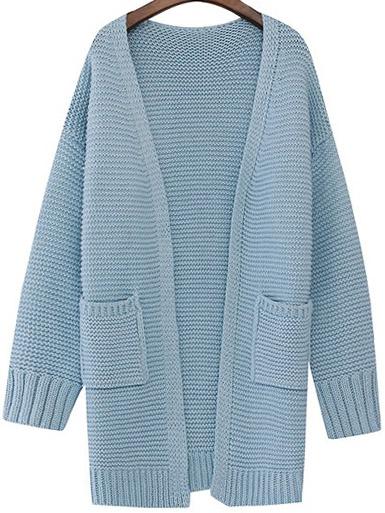 Romwe Long Sleeve Pockets Chunky Knit Blue Coat