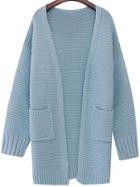 Romwe Long Sleeve Pockets Chunky Knit Blue Coat