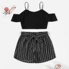 Romwe Cold Shoulder Crop Top & Belted Pinstripe Shorts Set