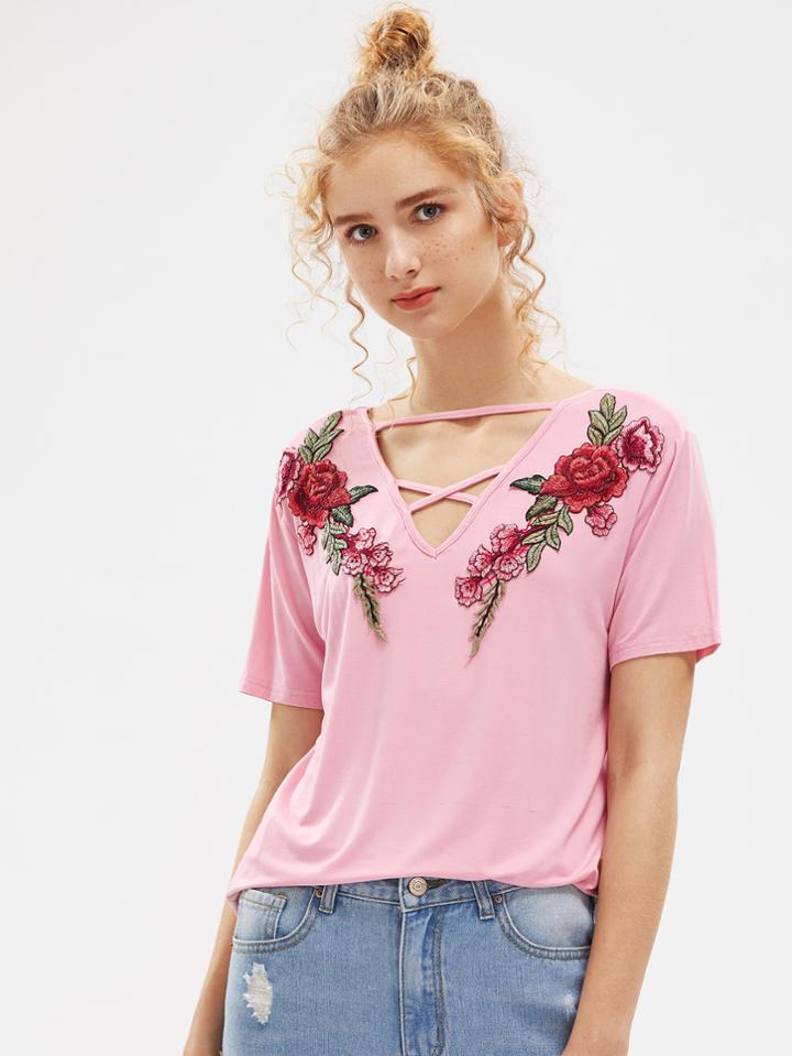 Romwe Embroidered Flower Patch Strappy Neck Tee