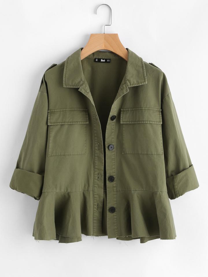 Romwe Dual Flap Pocket Ruffle Hem Jacket