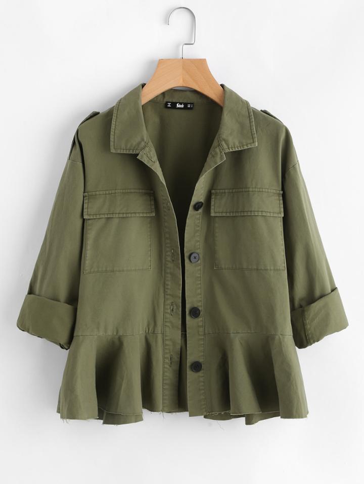 Romwe Dual Flap Pocket Ruffle Hem Jacket