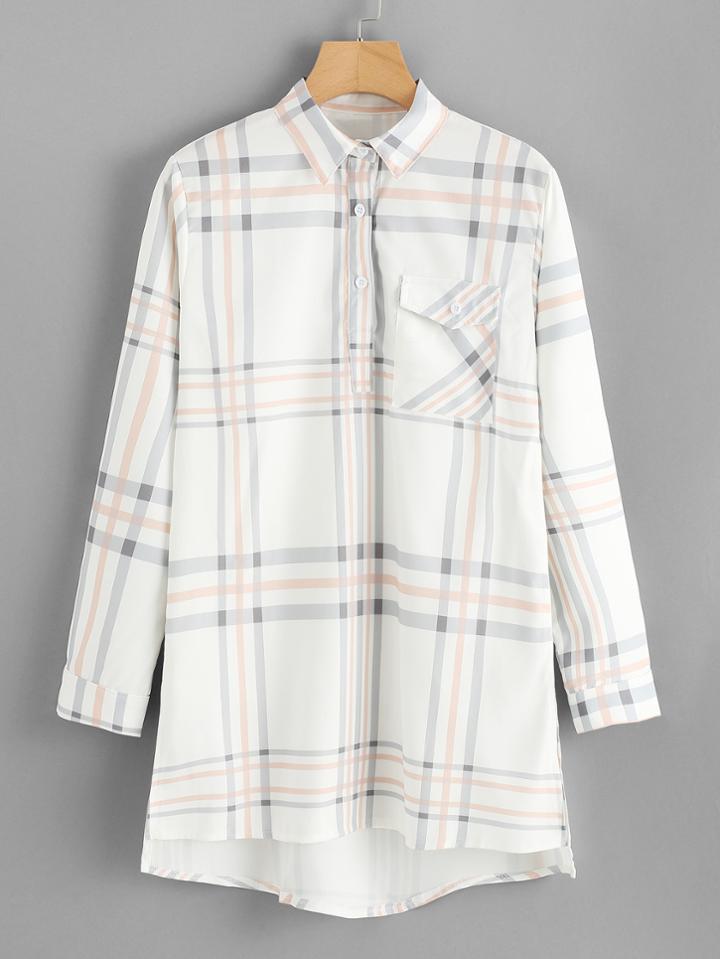 Romwe Pocket Patched Slit Side Plaid Blouse