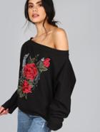 Romwe 3d Embroidered Floral Bardot Pullover