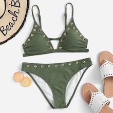 Romwe Eyelet Criss Cross Bikini Set