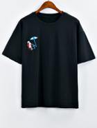 Romwe Black Cartoon Embroidery T-shirt