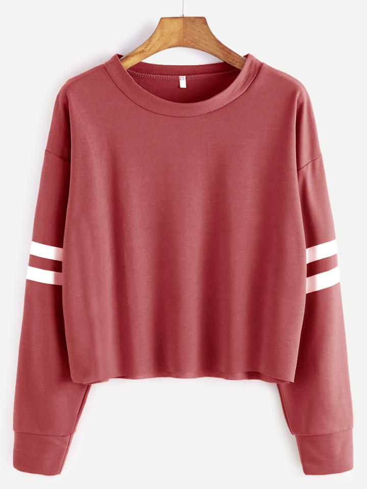 Romwe Brick Red Drop Shoulder Varsity Striped Crop T-shirt