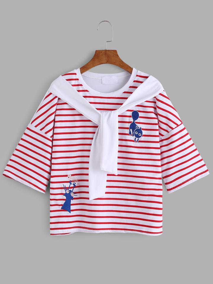 Romwe Red Cat Embroidered Striped Fake Two Pieces T-shirt