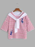 Romwe Red Cat Embroidered Striped Fake Two Pieces T-shirt