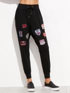 Romwe Black Embroidered Patches Tie Waist Pants