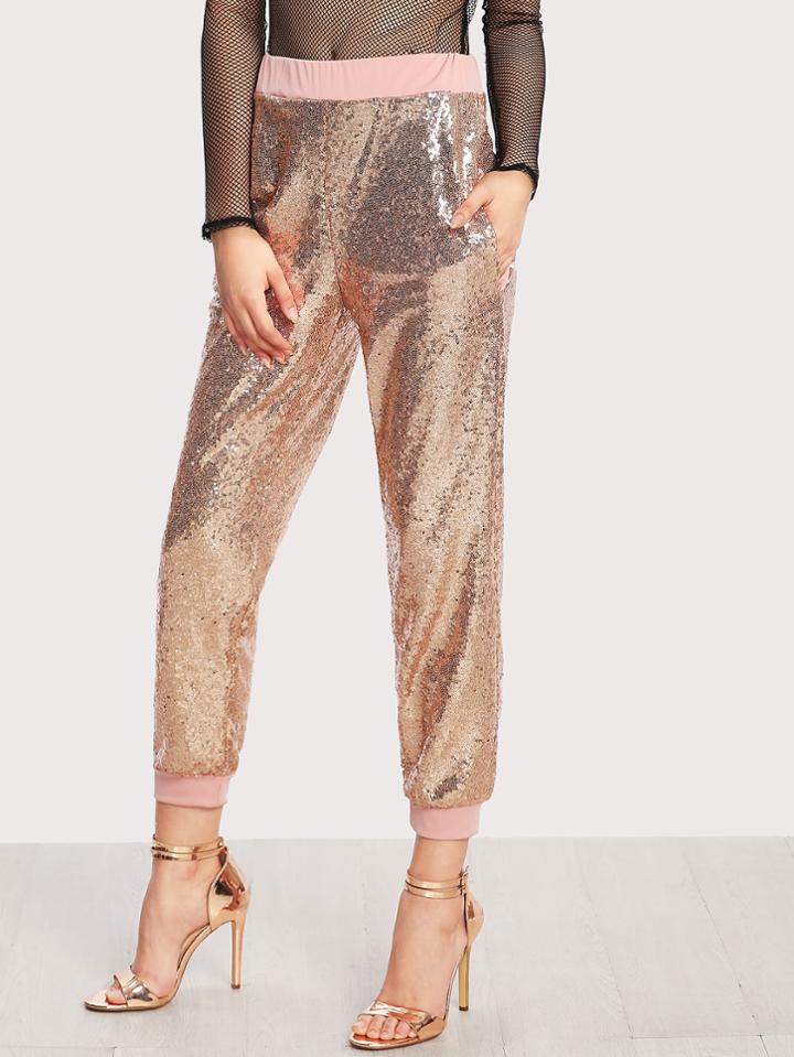 Romwe Contrast Trim Sequin Pants