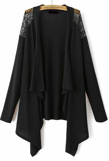 Romwe Black Lace Shoulder Cardigan Sweater