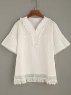Romwe White Tassel And Lace Trim Bell Sleeve Blouse