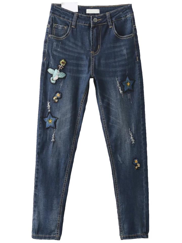 Romwe Blue Bird Embroidery Skinny Jeans