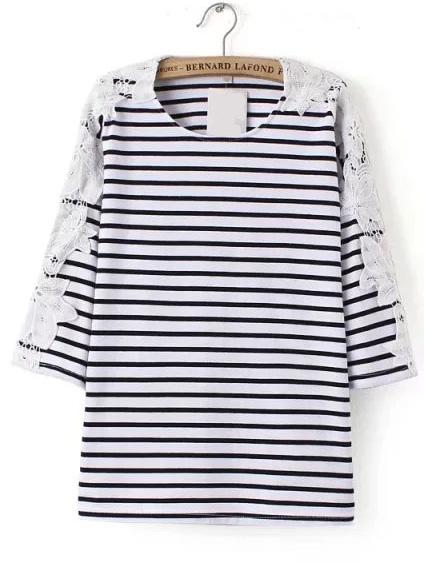 Romwe Black And White Striped Contrast Lace T-shirt