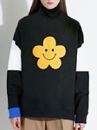 Romwe Black Stand Collar Sunflower Print Sweatshirt