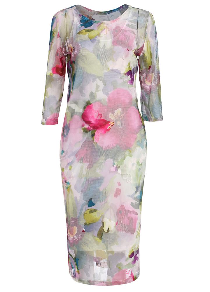 Romwe Round Neck Florals Slim Dress