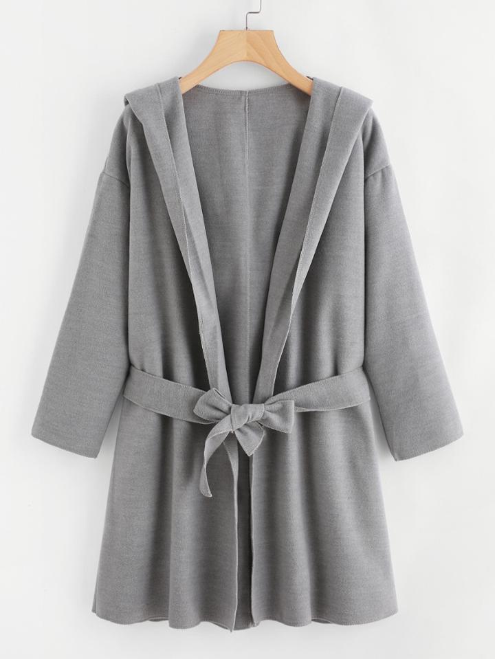Romwe Drop Shoulder Self Tie Waist Hooded Coat