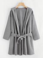 Romwe Drop Shoulder Self Tie Waist Hooded Coat