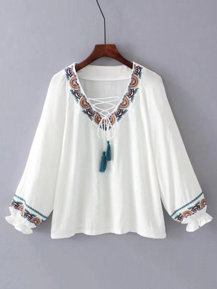 Romwe Criss Cross V Neckline Embroidery Blouse