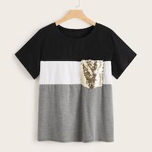 Romwe Plus Cut And Sew Contrast Sequin Tee