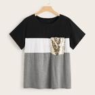 Romwe Plus Cut And Sew Contrast Sequin Tee