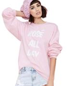 Romwe Letters Print Loose Pink Sweatshirt