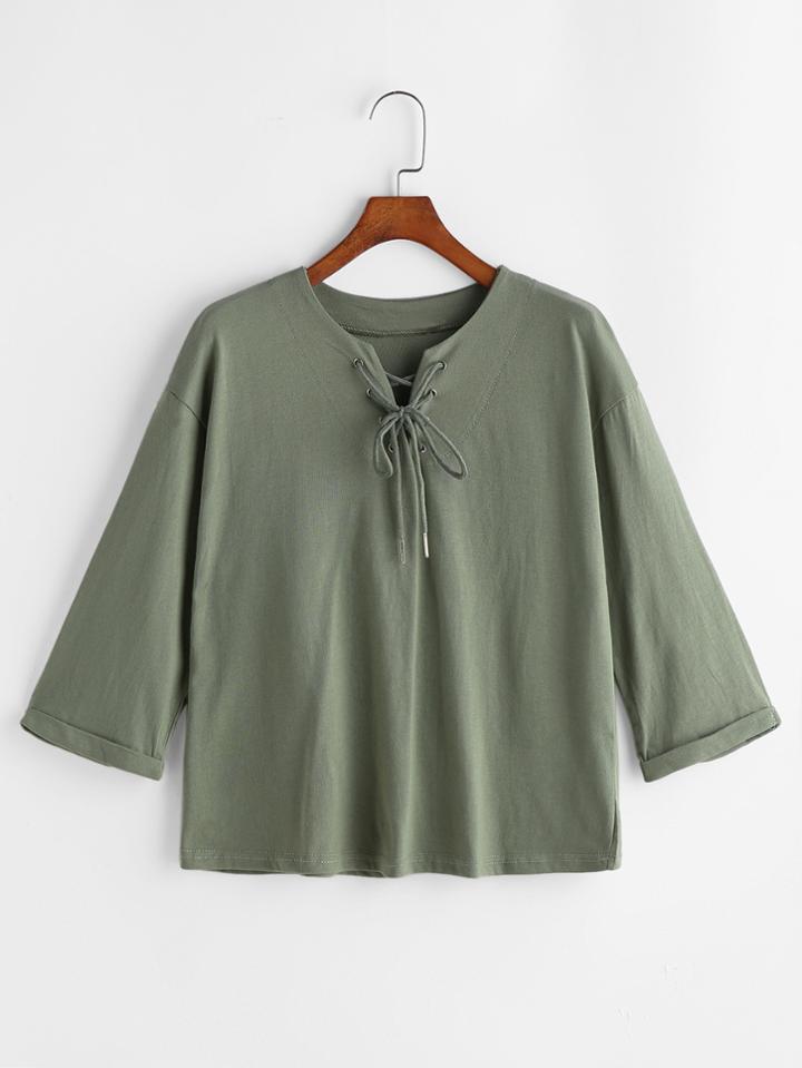 Romwe Army Green Lace Up Front Cuffed Top