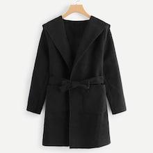 Romwe Plus Solid Self-tie Hooded Coat