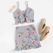 Romwe Floral Print Striped Crop Cami Top With Culottes