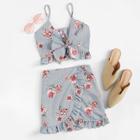 Romwe Floral Print Striped Crop Cami Top With Culottes