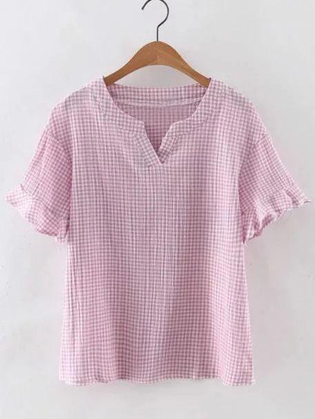 Romwe Pink V Neck Bell Sleeve Plaid Blouse