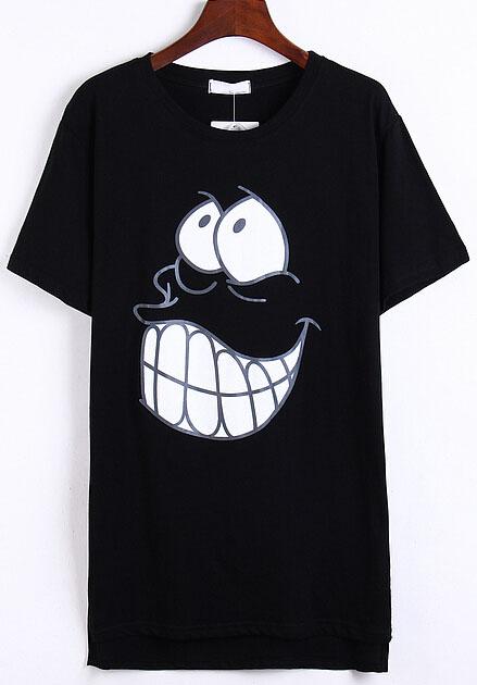 Romwe Mouth Print Black T-shirt