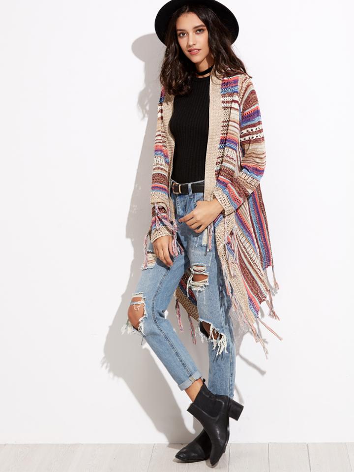 Romwe Striped Eyelet Fringe Cardigan