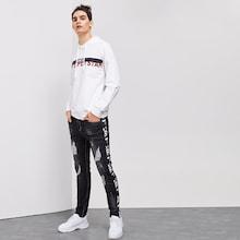 Romwe Men Letter Print Destroyed Jeans