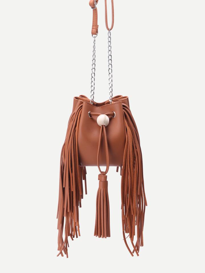 Romwe Brown Pu Tassel Trim Drawstring Bucket Bag With Chain