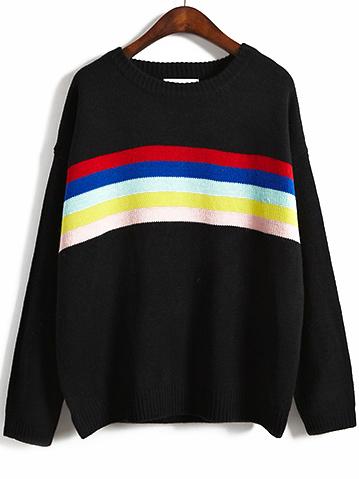 Romwe Striped Loose Black Sweater
