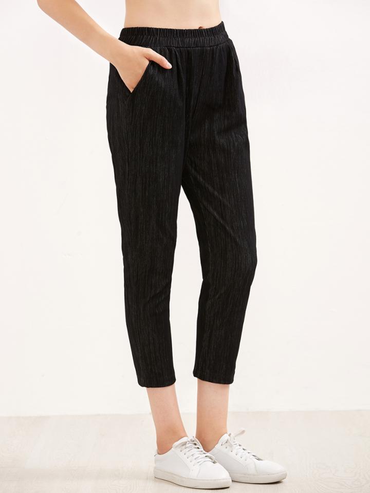 Romwe Black Elastic Waist Pants With Pockets
