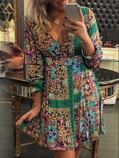 Romwe Deep Plunge Neck Tribal Print Shift Dress