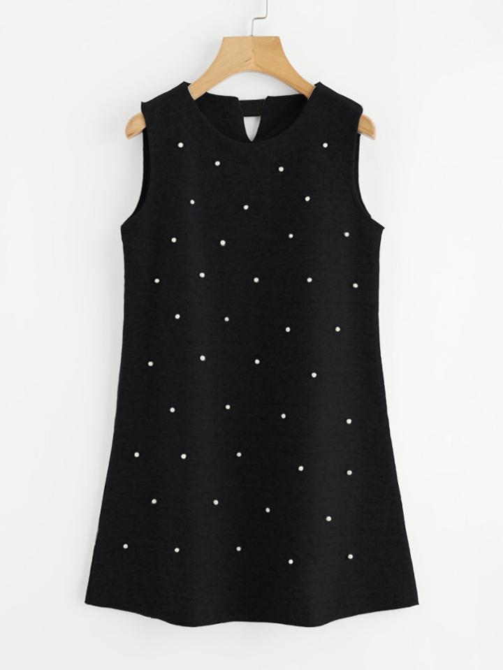 Romwe Pearl Beaded Sleeveless Tweed Dress
