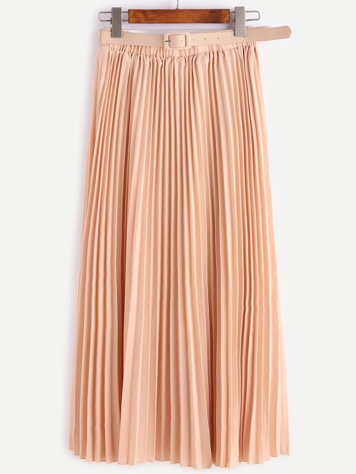 Romwe Light Khaki Belted Pleated Chiffon Skirt