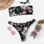 Romwe Lace-up Floral Top With  Bikini Set