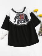 Romwe Elephant Applique Color Block Top