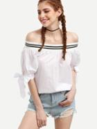 Romwe White Striped Off The Shoulder Tie Sleeve Blouse