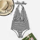 Romwe Striped Ruched Backless Halter One Piece Swimwear