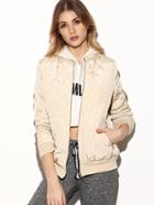 Romwe Apricot Contrast Ribbed Trim Quilted Bomber Jacket
