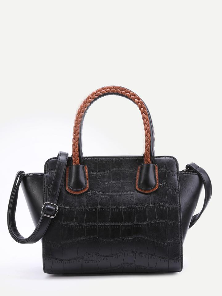 Romwe Black Embossed Pu Handbag With Strap
