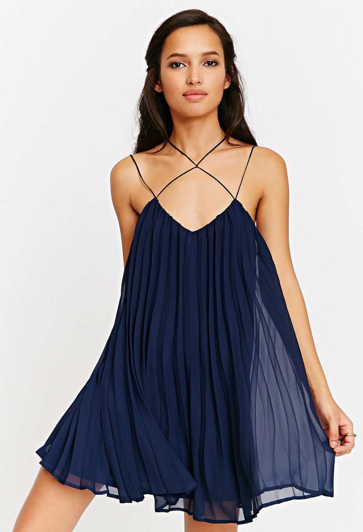 Romwe Navy Spaghetti Strap Pleated Dress