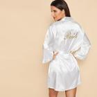 Romwe Letter Embroidered Self Belted Satin Bride Robe