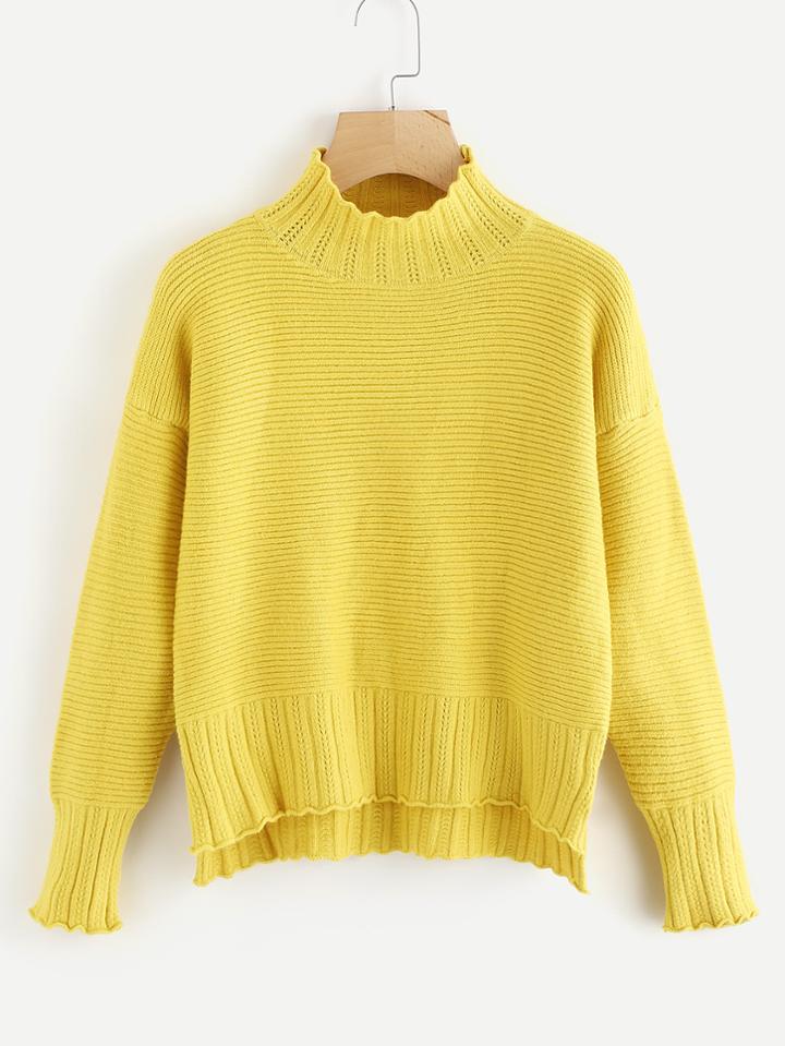 Romwe Frill Trim Dip Hem Ribbed Sweater
